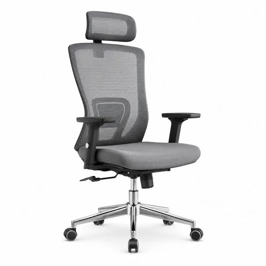 Ergonomiczne krzesło biurowe z siatki z regulowanym zagłówkiem i podłokietnikami, szare