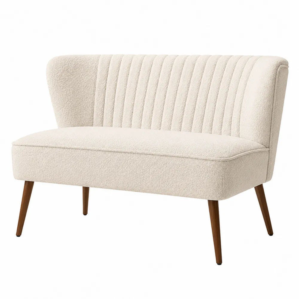 Sofa dwuosobowa kremowa tkanina boucle z drewnianymi nogami