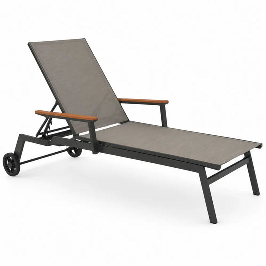 Leżak ogrodowy aluminiowy z podłokietnikami z drewna teak brązowy
