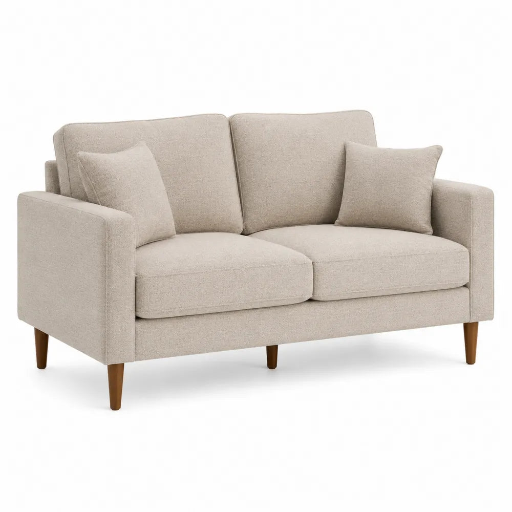Sofa dwuosobowa z poliestru z nogami z drewna bukowego, beżowa