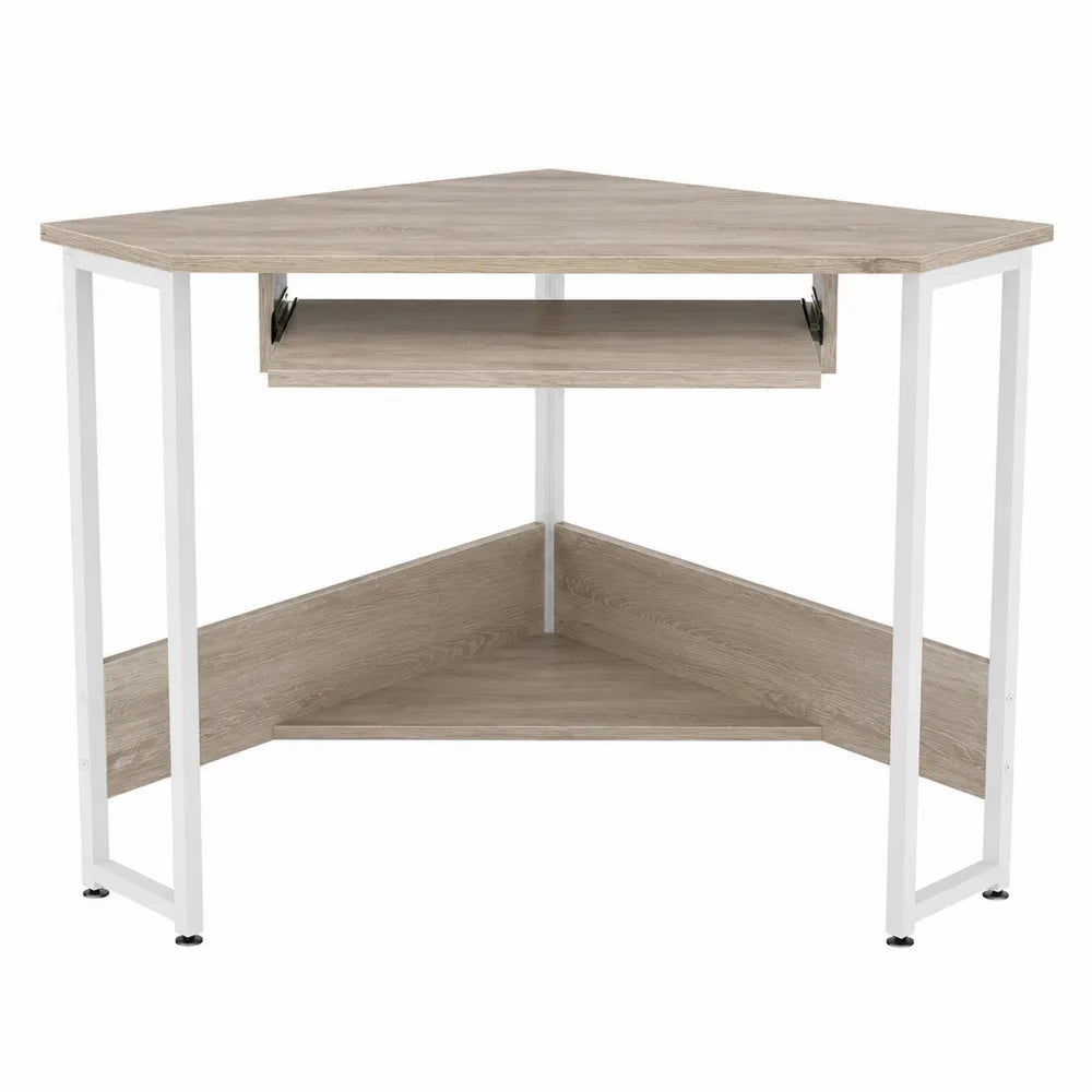 Biurko narożne z MDF z półką na klawiaturę, dąb/białe, 136x85x77 cm