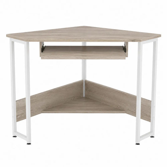 Biurko narożne z MDF z półką na klawiaturę, dąb/białe, 136x85x77 cm