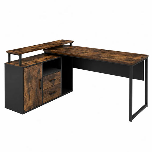 Biurko narożne L z półkami i szufladami MDF metal 150x130x75 cm