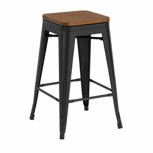 Stołek barowy metalowy z dębowym siedziskiem czarny/brązowy 76 cm