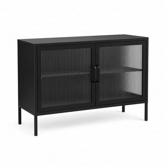 Szafka metalowa z prążkowanymi szklanymi drzwiami, czarna, 80x40x75 cm