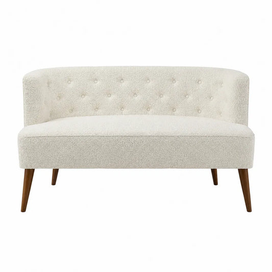Sofa dwuosobowa z tkaniny bouclé kremowa nogi drewniane